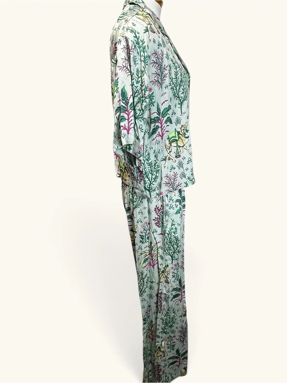Printfresh Eco Satin Wildest Dreams Pajama Set in Camel'ss Courtyard Print